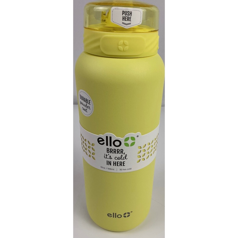 Ello Vacuum Insulated Stainless Steel Water Bottle 32oz Yellow Cold 30 Hour Cold